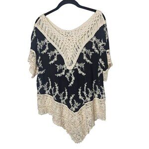 Solitaire Womens Black Cream Crochet Lace Blouse Rayon Cotton Hand Wash Only M‎